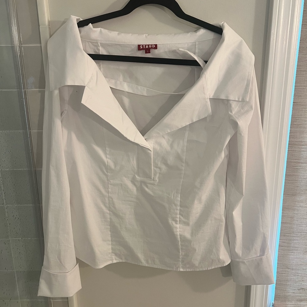 STAUD White Asymmetrical Long Sleeve Blouse